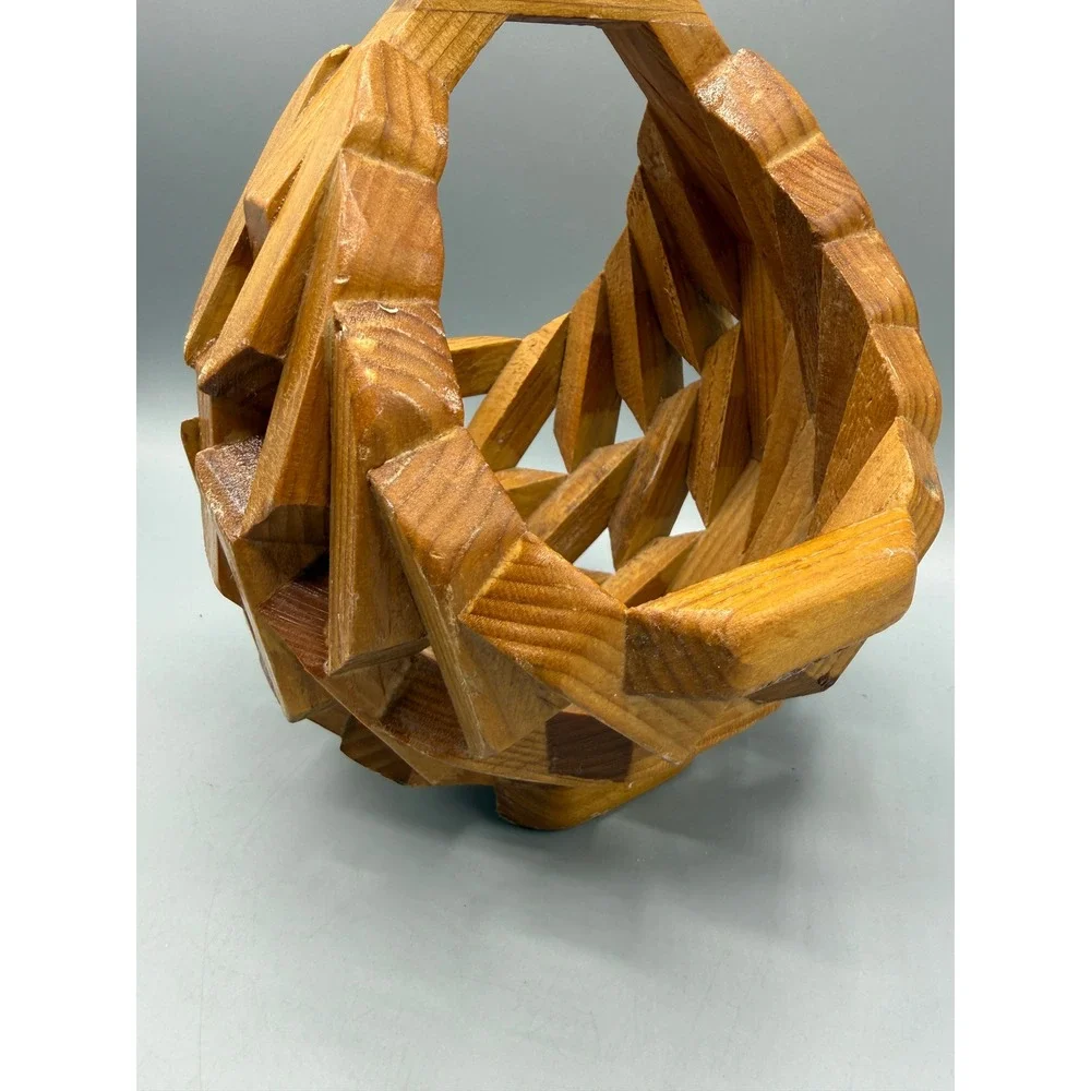 Vintage Folk Art Geometric Interlocking Wood Planter Basket MCM Handle Brown 9in